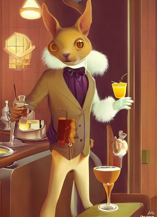 Prompt: squirrel anthro as a dapper bartender with a big, fluffy tail, retro futurism, art deco, detailed, painterly digital art by WLOP and Cory Loftis and Maxfield Parrish, 🐿🍸🍋, furaffinity, trending on artstation