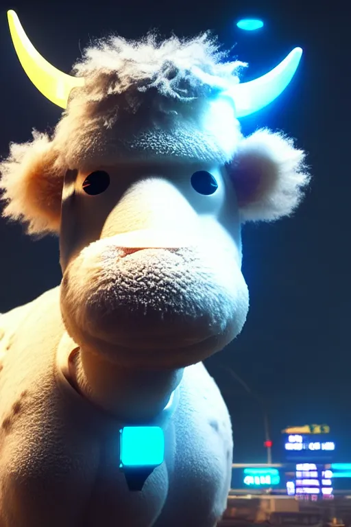 Prompt: high quality 3 d render sci - fi very cute cyborg cow fluffy! hybrid! drinking beer, highly detailed, unreal engine cinematic smooth, in the style of blade runner & detective pikachu, hannah yata charlie immer, dark blue neon light, low angle, uhd 8 k, sharp focus