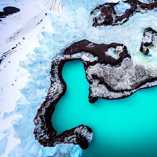 Image similar to top down view of iceland country ice sculpture surrounded by ocean made out of hot lava