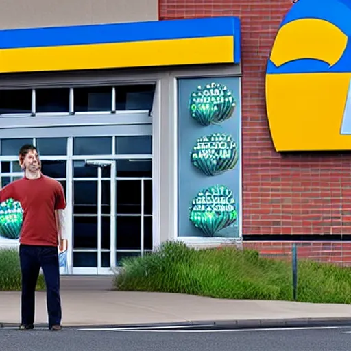 Prompt: a man terrified of entering an aldi supermarket, photo realistic