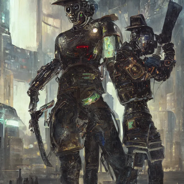 Image similar to a glitched oil painting of a cybernetic cowboy/knight duelwielding a revolver and longsword in the style of cyberpunk in the style of high fantasy art detailed realistic High Resolution HD 8k