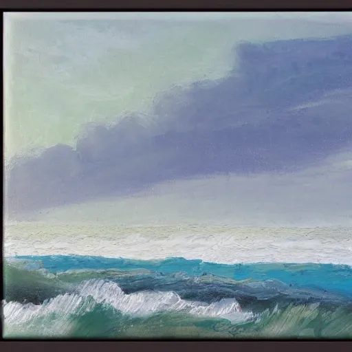 Prompt: thick impasto textured painting of a ocean landscape with beach and shore birds with a storm in the distance