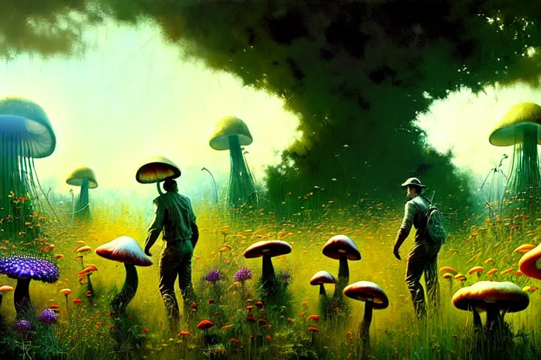 Prompt: surreal painting by craig mullins and greg rutkowski, garden wild flowers + poison mushrooms + long grass + garden dwarfs repairing giant mosquito, 7 0's vintage sci - fi style, rule of third!!!!, cinematic