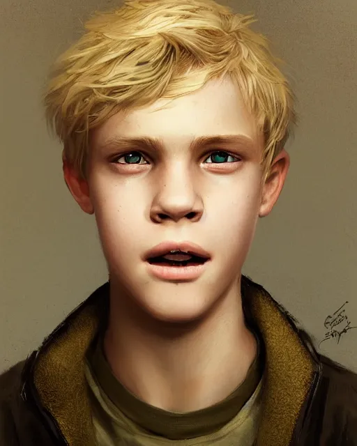 Image similar to portrait of 1 5 - year - old boy with blonde hair, round - face, and slightly buck - toothed, hyper realistic face, beautiful eyes, fantasy art, in the style of greg rutkowski, intricate, hyper detailed, smooth