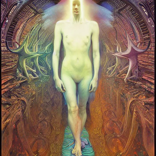 Image similar to astral traveller by zdzisław beksinski, iris van herpen, raymond swanland and alphonse mucha. highly detailed, hyper - real, beautiful