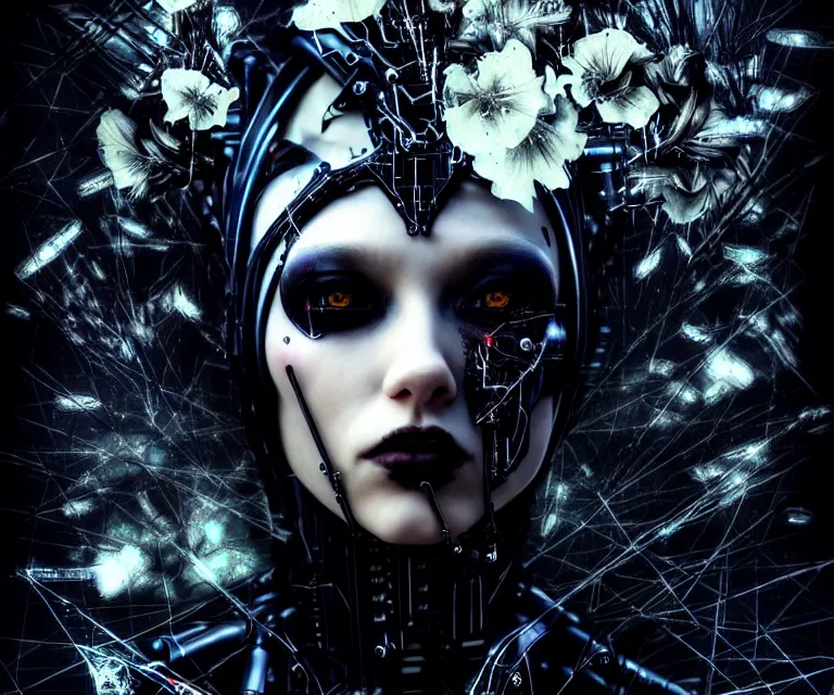 Prompt: stunning gothic hybrid female cyborg wearing cyber clothes, mysterious, atmospheric, ominous, eerie, cinematic, epic, 8 k, ultra detail, ultra realistic, rendered by awesomeness. | nights falling wind is blowing snow is pilling concept art in style of carne griffiths artwork by xsullo. | background of beautiful flowers floatingby elson, peter kemp, peter