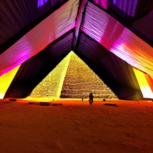 Prompt: the interior of an egyptian pyramid, modern, edm party inside