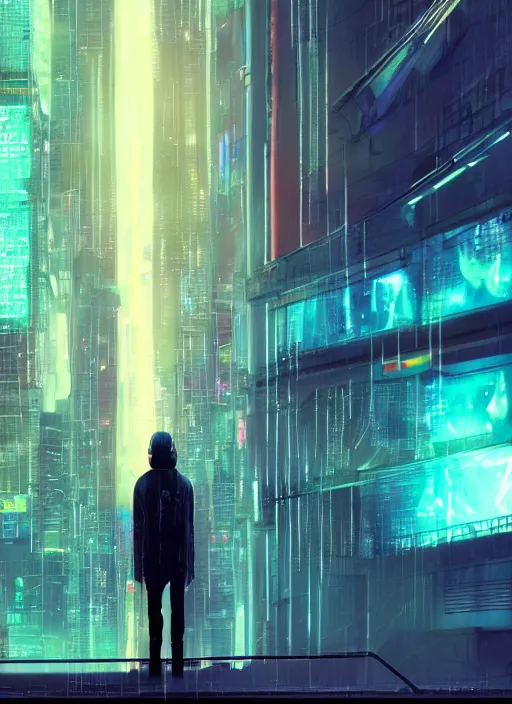 Prompt: lonely cyber person made of cosmic nebula galaxy energy watching a rainy stormy colorful complex cyberpunk futuristic city from behind at night through a window in a room full of wires and screens, 8 k, photorealistic, wet, highly detailed, cinematic mood by ridley scott, ghost in the shell, rendered in octane,, trending on artstation, glowing lights, gloomy, epic composition