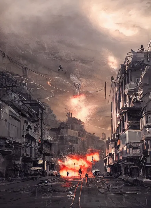 Image similar to hyper realistic squid robot attacking cape town city, table mountain explosions, atmospheric beautiful details, strong composition drawn in ink by kim jung giu weta studio rutkowski, james gurney and greg rutkowski, and lucasfilm