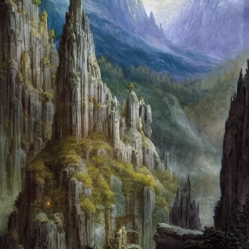 Prompt: A beautiful and highly detailed oil painting of beautiful elven temple in the mountains, detailed trees and cliffs, intricate details, rivendell, by Caspar Friedrich