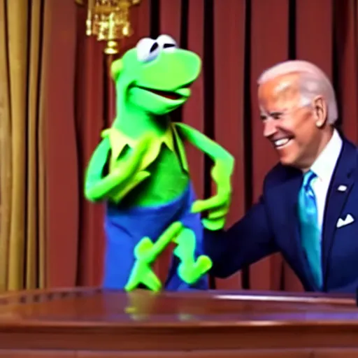 Prompt: joe biden puppeteering kermit the frog, still image, extreme detail, screenshot, 8 k, video footage, sharp