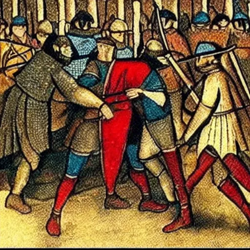 Image similar to medieval sword fight cctv footage, coloured photo