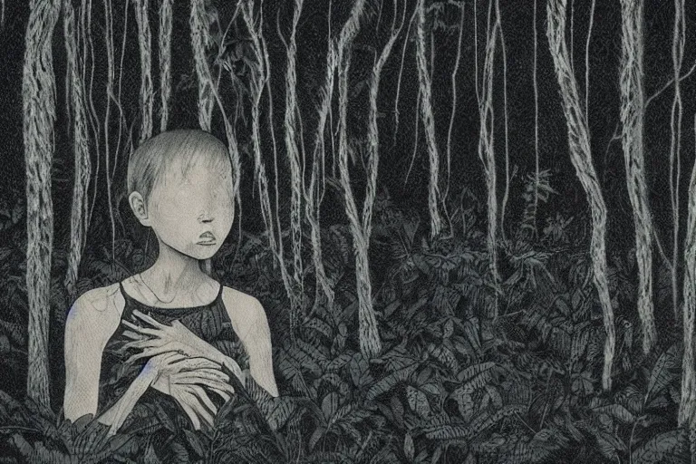 Image similar to a kid talking with a spirit like a ghost in the middle of a rain forest at night, realistic, obscure, dramatic scene, style of Angela Deane