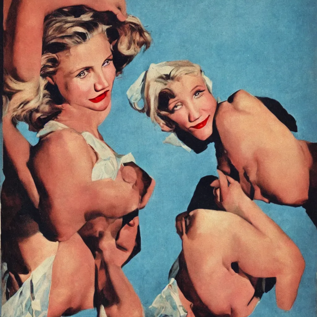 Image similar to Cameron Diaz portrait, color vintage magazine illustration 1950