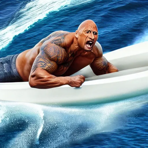 Image similar to photo of Dwayne Johnson yelling and riding a sark in the middle of the ocean, full shot, highly detailed face