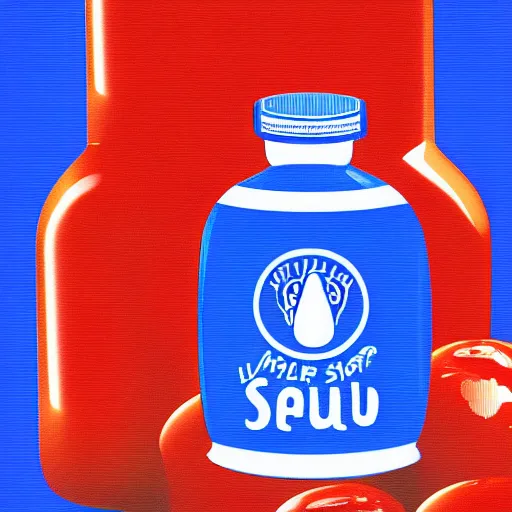 Prompt: ketchup bottle with label with letters on blue background with mars at lower right corner and saturn at upper right corner realistic digital art