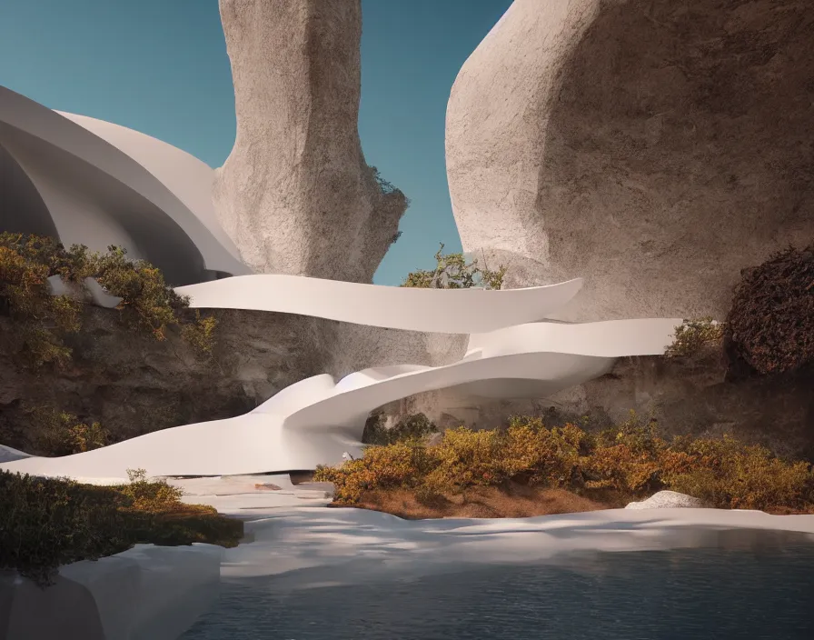 Prompt: white minimalist architecture, stone grotto in the center, portal. zaha hadid, oscar niemeyer, architectural rendering. trending on artstation. vogue magazine. halo. octane rendering, cinematic, hyperrealism, octane rendering, 8 k, depth of field, bokeh. iridescent accents. vibrant. teal gold and red color scheme