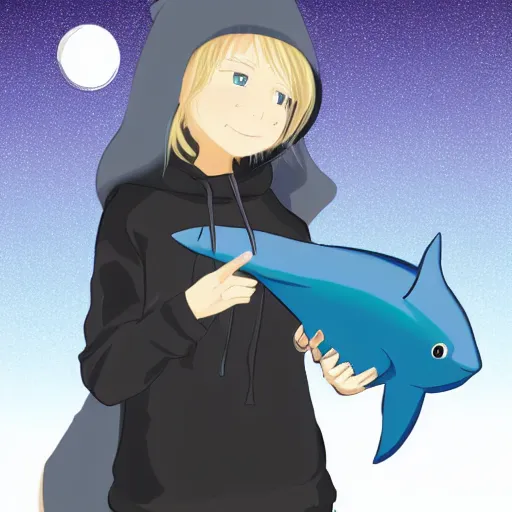 Prompt: a blonde girl in a black hoodie holding a blue shark stuffed animal, anime style digital art