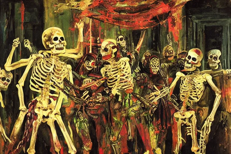 Image similar to scene from spartacus, day of the dead, cyber skeleton, neon painting by otto dix