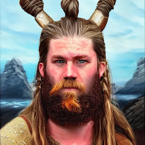 Image similar to oil painting of sean mcloughlin with a man bun as an irish viking in the style of steve argyle, fantasy painting