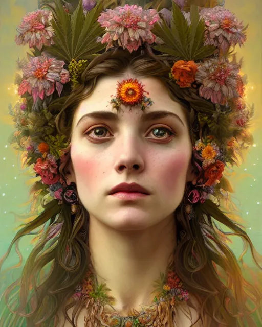 Prompt: portrait of goddess gaea, flowery face, upper body, decorated with cannabis flowers, intricate, elegant, highly detailed, digital painting, artstation, concept art, smooth, sharp focus, illustration, art by artgerm and greg rutkowski and alphonse mucha, 8 k