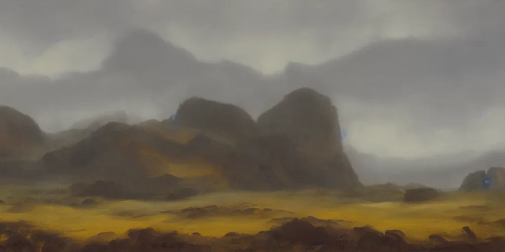 Image similar to painting of rocky highlands covered in mist with a ruined castle in the far distance, overcast sky, muted colors