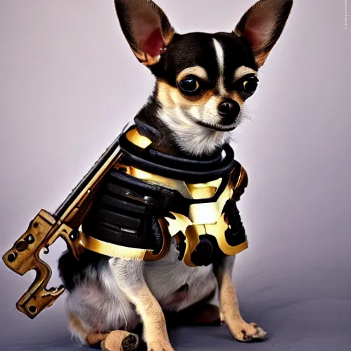 Image similar to chihuahua with modern armor and guns