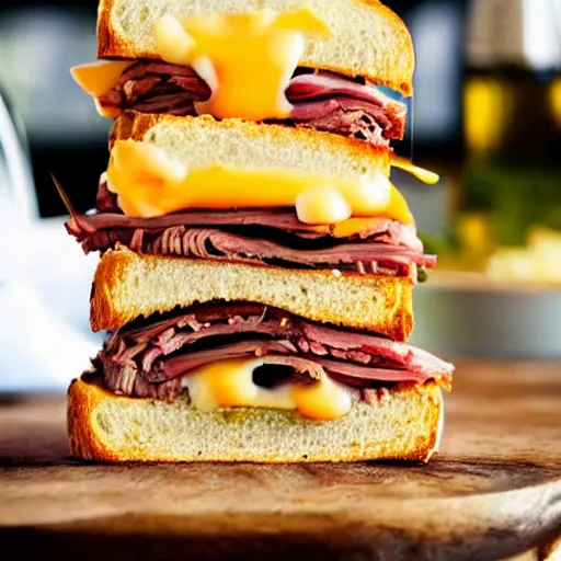 Prompt: a huge tower of ruben cornbeef wiht a slice of bread on either side, delicious mouth watering melted cheese, food photography