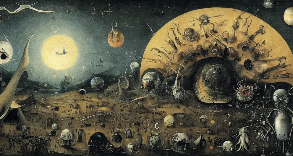 Prompt: / imagine prompt : alien planet, inhabited by giant aliens, dichromatism, 8 k, super - resolution, massive scale, insanely detailed and intricate, hypermaximalist, elegant, ornate, hyper realistic, super detailed, by hieronymus bosch