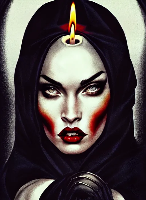 Image similar to megan fox witch queen, black eyes, blood, full body, intricate victorian dress, middle shot, cinematic lighting, symmetrical eyes, caravaggio, artgerm, joshua middleton, rafael albuquerque, charlie bowater, moody lighting, candles