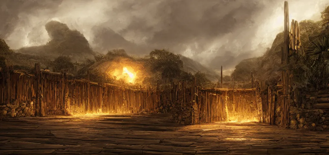 Image similar to wooden palisade wall on a tropical island kit by torches in a Storm night, intricate Details, raphael lacoste, eddie mendoza, alex ross, concept art, matte painting, highly detailed, rule of thirds, dynamic lighting, cinematic, detailed, denoised, centerd, clean render