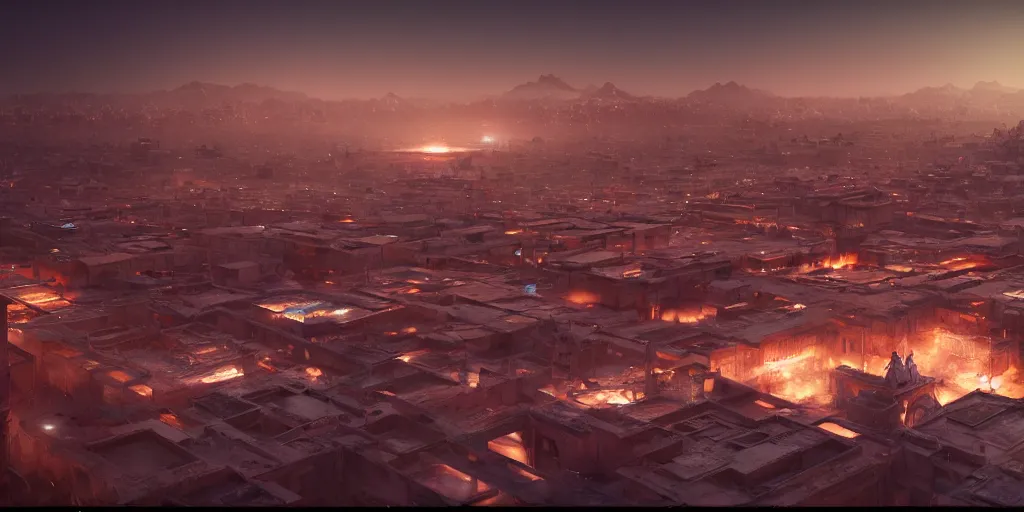 Image similar to futuristic marrakech, volumetric light, detailed, establishing shot, an epic fantasy, cinematic, photorealistic, ultrarealistic, trending on art station, octane render