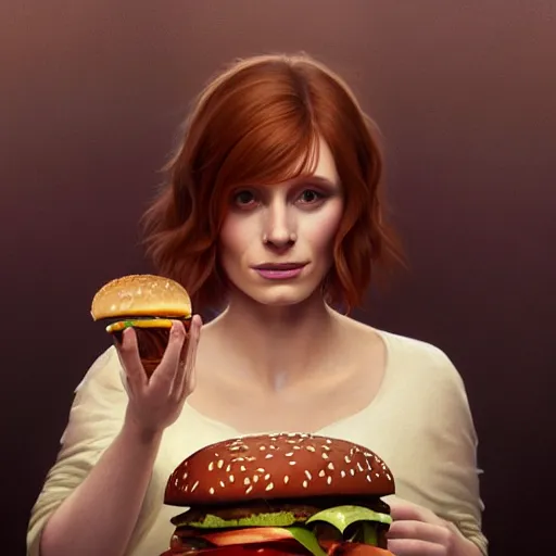 Image similar to portrait of Bryce Dallas Howard eating hamburgers, extra onions and ketchup, luscious patty with sesame seeds, feminine ethereal, handsome, D&D, fantasy, intricate, elegant, highly detailed, digital painting, artstation, concept art, matte, sharp focus, illustration, art by Artgerm and Greg Rutkowski and Alphonse Mucha