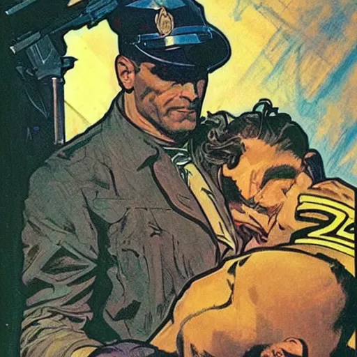 Image similar to The punisher putting a cop in a headlock. Concept art by James Gurney, Alphonso Mucha. Vivid color scheme.