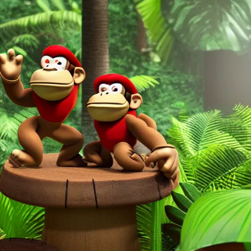 Image similar to Donkey Kong and Diddy Kong surrounded by tropical trees and barrels, 3D render, detailed clay model