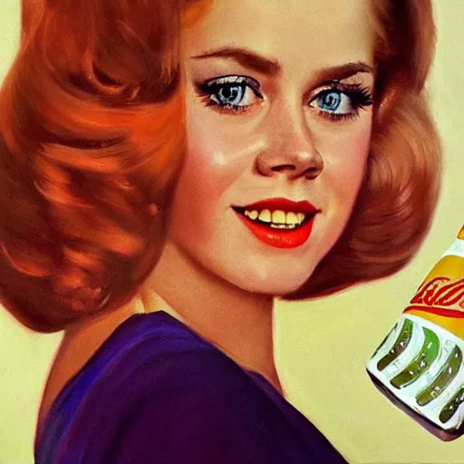 Image similar to ultra realistic portrait painting of amy adams in a 6 0 s ad for soda, art by frank frazetta, 4 k, ultra realistic, highly detailed, epic lighting