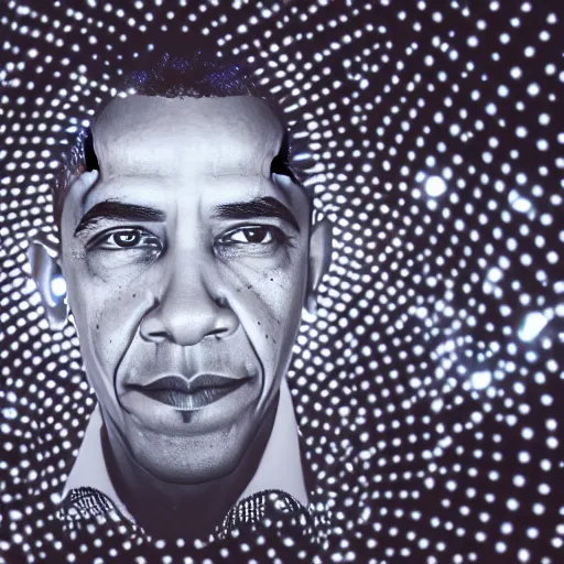 Image similar to Obama with eyes glow strongly white, white flames are burning white which are behind Obama, 40nm lens, shallow depth of field, 4k,