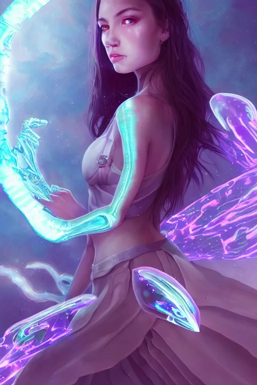 Image similar to a photographic portrait of an attractive young girl, partially clothed in ethereal battle armor, surrounded by colorful transparent plasma, emitting psychic powers, beautiful bone structure, perfectly proportioned face, perfect eyes, intricate, elegant, highly detailed, hyper detailed, trending on tumblr, by artgerm, by loish, fantasy scene, fantasy aesthetic, trending on Artstation