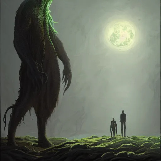 Prompt: a digital painting of cthulu standing in the distance, silhuette, back lighting, dramatic scene, detailed, night time, full moon, in the style of greg rutkowski