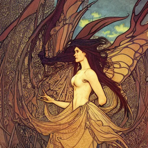 Prompt: the second coming of smaug, by rebecca guay and by arthur rackham and by alphonse mucha and by john william waterhouse, cosmic, heavenly, god rays, intricate detail, cinematic, 8 k, cel shaded, unreal engine, featured on artstation, pixiv