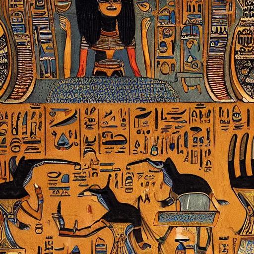 Prompt: a detailed painting of the Egyptian book of the dead, depicting the god of the underworld Anubis, trending on artstation cgsociety, 8k, highly detailed, masterpiece.