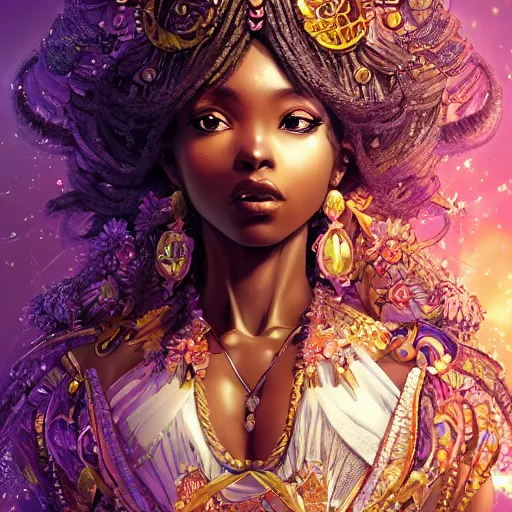 Prompt: the portrait of the absurdly beautiful, graceful, elegant, gorgeous, sensual black young anime goddess made of crystals, an ultrafine hyperdetailed illustration by kim jung gi, irakli nadar, intricate linework, bright colors, octopath traveler, final fantasy, unreal engine 5 highly rendered, global illumination, radiant light, intricate environment, 8 k