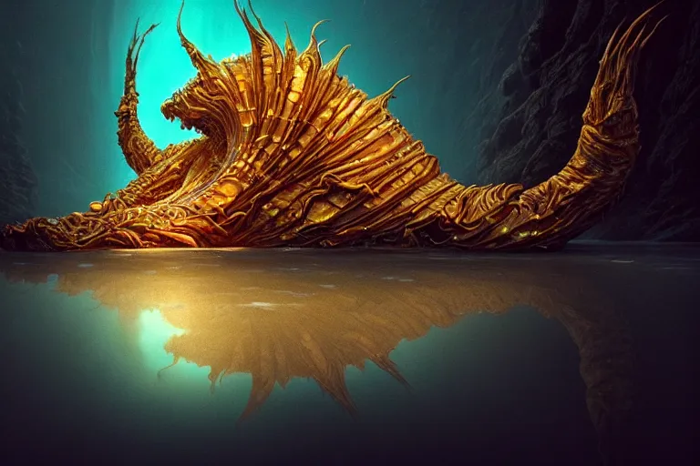 Image similar to creature in a alaska, water reflection, backlit, warm tones, bioluminescent bioluminescent translucent translucent : : by michal karcz, daniel merriam, victo ngai and guillermo del toro : : ornate, dynamic, particulate, intricate, elegant, highly detailed, centered, artstation, smooth, sharp focus, octane render, 3 d