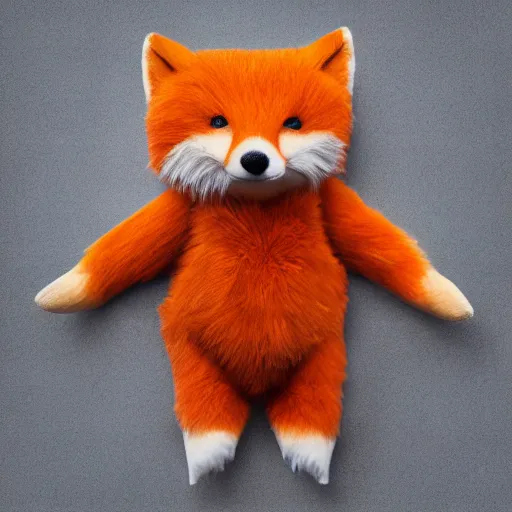 Image similar to Photorealistic furry orange exhausted Fox as a stuffed animal