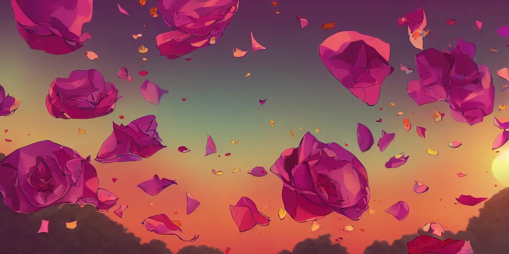 Prompt: background art of spaciously scattered flower petals flowing and floating through the air from left to right on a simple sunset background, large individual rose petals, polygonal fragments, anime, artgerm, manga, trending on artstation, art nouveau, mature color scheme