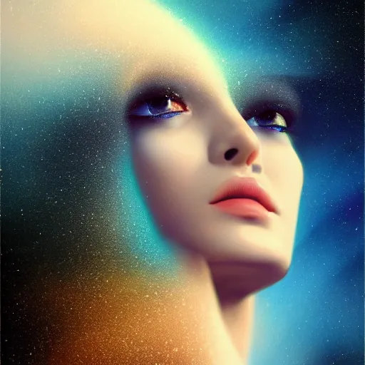 Image similar to sci - fi, close - up, 3 d, moon rays, stars, fashion model face closed eyes, cinematic, clouds, sun rays, vogue cover style, poster art, blue mood, realistic painting, intricate oil painting, high detail illustration, figurative art, multiple exposure, water, 3 d, by tooth wu and wlop and beeple and greg rutkowski