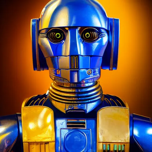 Prompt: portrait of c 3 p 0, blue and yellow glowing lights, highly detailed, 4 k