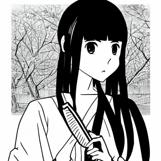 Image similar to “Detailed manga art of a beautiful Japanese girl holding a knife; loving expression; school uniform; high contrast; clean, sharp”