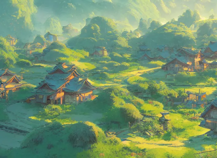 Image similar to concept art painting of a small woodland village in a valley seen from above, european japanese buildings, early morning, cel shaded, detailed, realistic, by makoto shinkai and moebius and anton fadeev and james gurney