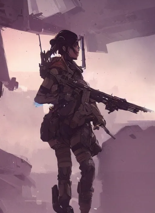 Prompt: of a beautiful sniper girl in war, with futuristic gear, in the style of greg rutkowski, artstation, high quality art